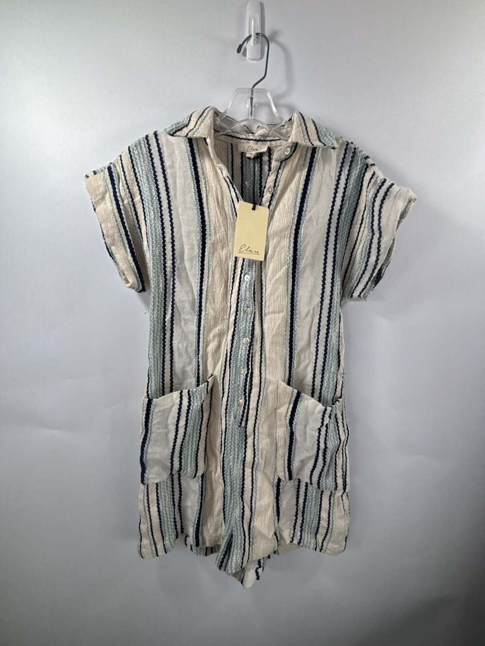 Elan Natural and Blue Striped Button-Front Romper with Pockets